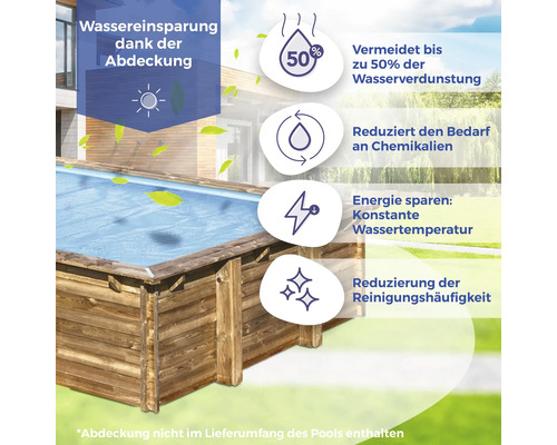Holzpool mit Abdeckung zur Wassereinsparung, Reduzierung der Verdunstung, des Chemikalienbedarfs und der Reinigungsfrequenz sowie zur Erhaltung der Wassertemperatur