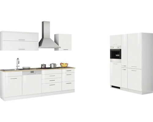 Komplette Küchenzeile mit Spüle, Geschirrspüler, Kochfeld, Dunstabzugshaube und Hochschränken