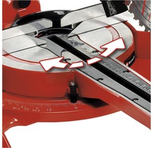 Detailansicht einer Kapp- und Gehrungssäge mit Winkelanzeige und Schnittlinienlaser