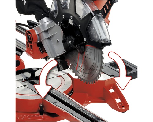 Details einer Kapp- und Gehrungssäge mit schwenkbarem Sägeblatt