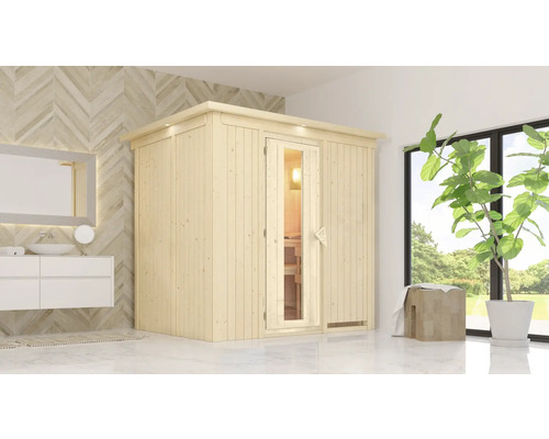 Energiesparsauna Karibu Benina inkl.3,6 kW Ofen u.integr.Steuerung mit Dachkranz mit Holztüre und Isolierglas wärmegedämmt