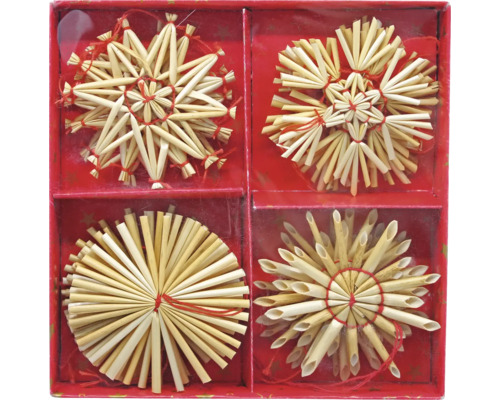 Weihnachtsdekoration Strohsterne Ø 6 cm beige 16 Stück Vier Strohsterne in einer roten Box für die Weihnachtsdekoration.