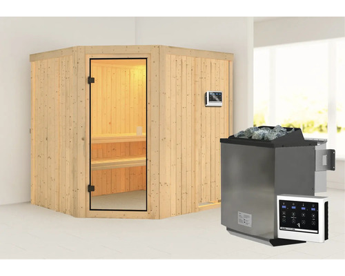 Elementsauna Karibu Bodo inkl. 9 kW Bio Ofen u.ext.Steuerung ohne Dachkranz mit bronzierter Ganzglastüre