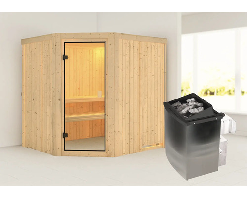 Elementsauna Karibu Bodo inkl. 9 kW Ofen u.integr.Steuerung ohne Dachkranz mit bronzierter Ganzglastüre