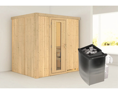 Elementsauna Karibu Bodina inkl. 9 kW Ofen u.integr.Steuerung ohne Dachkranz mit Holztüre und Isolierglas wärmegedämmt