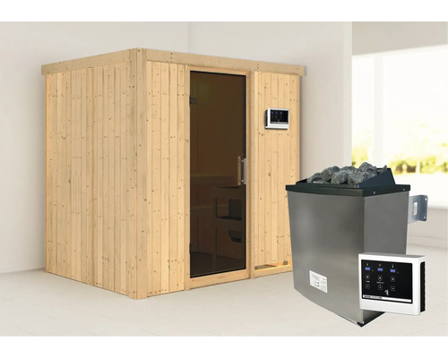 Elementsauna Karibu Bodina inkl. 9 kW Ofen u.ext.Steuerung ohne Dachkranz mit graphitfarbiger Ganzglastüre