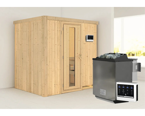 Elementsauna Karibu Bodina inkl. 9 kW Bio Ofen u.ext.Steuerung ohne Dachkranz mit Holztüre und Isolierglas wärmegedämmt