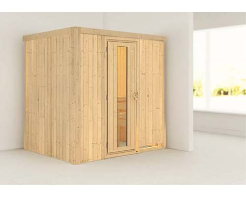 Elementsauna Karibu Bodina ohne Ofen und Dachkranz mit Holztüre und Isolierglas wärmegedämmt