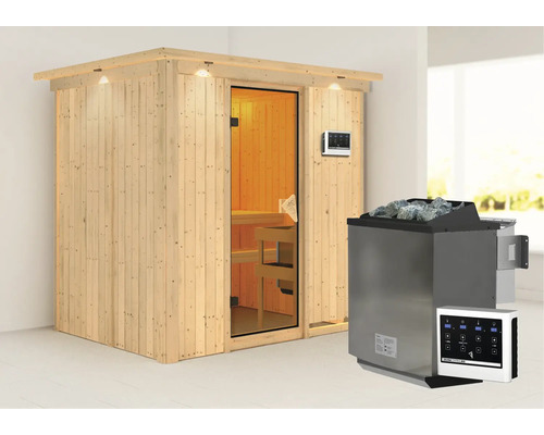 Elementsauna Karibu Bodina inkl. 9 kW Bio Ofen u.ext.Steuerung mit Dachkranz und bronzierter Ganzglastüre