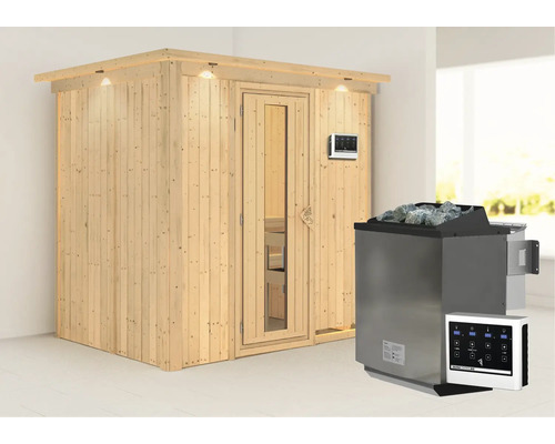 Elementsauna Karibu Bodina inkl. 9 kW Bio Ofen u.ext.Steuerung mit Dachkranz und Holztüre mit Isolierglas wärmegedämmt