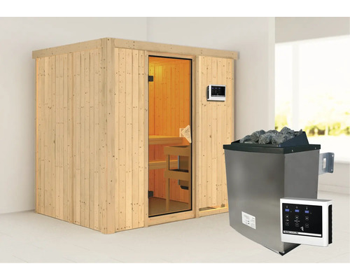 Elementsauna Karibu Bodina inkl. 9 kW Ofen u.ext.Steuerung ohne Dachkranz mit bronzierter Ganzglastüre