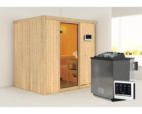 Elementsauna Karibu Bodina inkl. 9 kW Bio Ofen u.ext.Steuerung ohne Dachkranz mit bronzierter Ganzglastüre