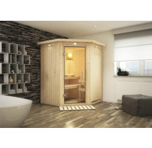 Innenaufnahme eines Badezimmers mit einer Sauna aus Holz und einer Glastür
