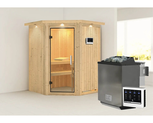 Elementsauna Karibu Larina inkl. 9 kW Bio Ofen u.ext.Steuerung mit Dachkranz und Ganzglastüre aus Klarglas