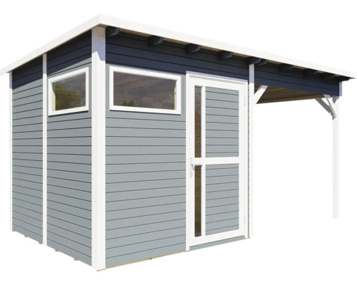 Gartenhaus aus Holz mit Tür, Fenstern und Vordach