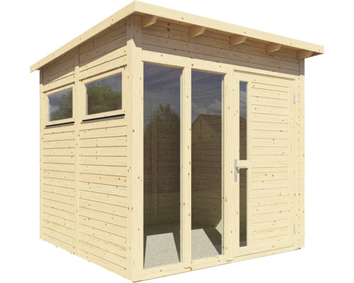 Holzgartenhaus mit Fenstern und Tür