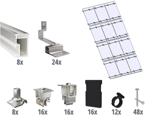 Montageset für 12 PV-Module (3x4) auf Schrägdach inkl. 8x Montageschiene 3650 mm Komponenten für die Installation einer Photovoltaikanlage, bestehend aus Schienen, Halterungen und Befestigungselementen