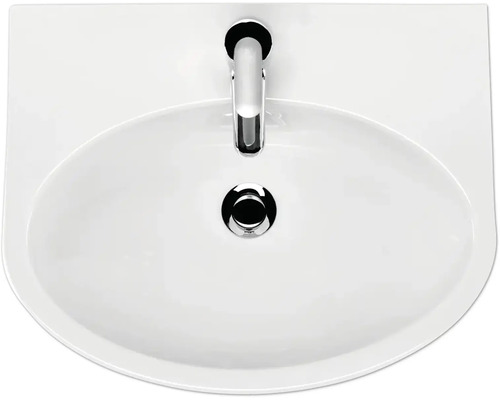 Aufnahme von oben eines Waschbeckens mit Armatur