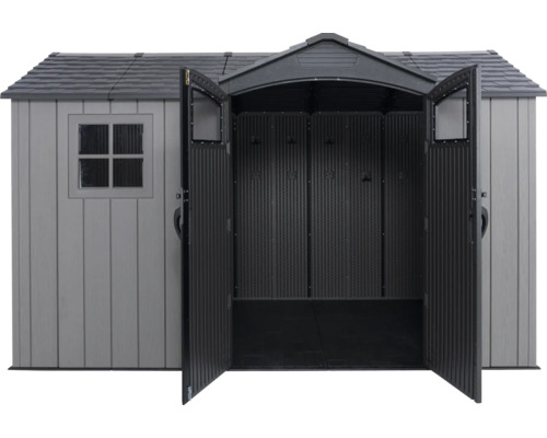 Gartenschuppen mit geöffneten Doppeltüren und Fenster