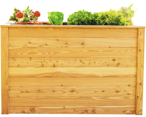 Hochbeet aus Holz mit Tomaten und Salat bepflanzt