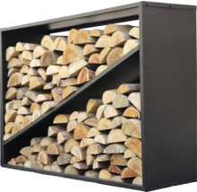 Brennholzregal aus Metall mit Holzscheiten