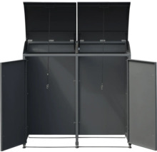 Mülltonnenbox für zwei Mülltonnen mit geöffneten Türen und Deckeln