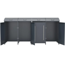 Mülltonnenbox mit drei Fächern und geöffneten Türen