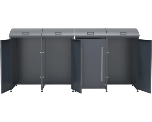 Mülltonnenbox mit drei Fächern und geöffneten Türen