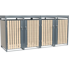 Drei Mülltonnenboxen aus Metall und Holzlatten