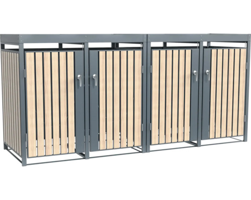 Drei Mülltonnenboxen aus Metall und Holzlatten