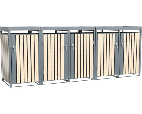 Mülltonnenbox mit drei Fächern aus Metall und Holzlatten
