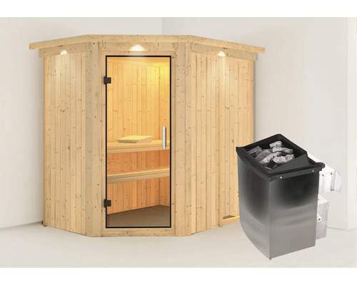 Elementsauna Karibu Carina inkl. 9 kW Ofen u.integr.Steuerung mit Dachkranz und Ganzglastüre aus Klarglas