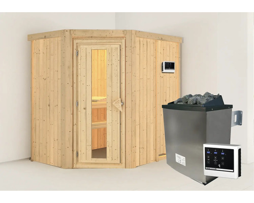 Elementsauna Karibu Carina inkl. 9 kW Ofen u.ext.Steuerung ohne Dachkranz mit Holztüre und Isolierglas wärmegedämmt