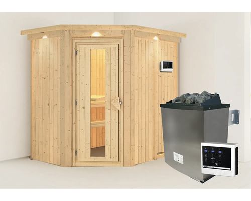 Elementsauna Karibu Carina inkl. 9 kW Ofen u.ext.Steuerung mit Dachkranz und Holztüre mit Isolierglas wärmegedämmt