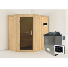 Ecksauna mit Glastür, Saunaofen, Steinen und Steuerung