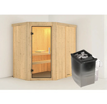 Ecksauna mit Glastür und Saunaofen mit Saunasteinen