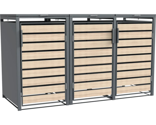 Mülltonnenbox WESTMANN Lacina 2 inkl. Gasdruckfedern 200 x 80 x 116 cm anthrazit-Holzoptik Drei Mülltonnenboxen mit Holzverkleidung und Metallrahmen