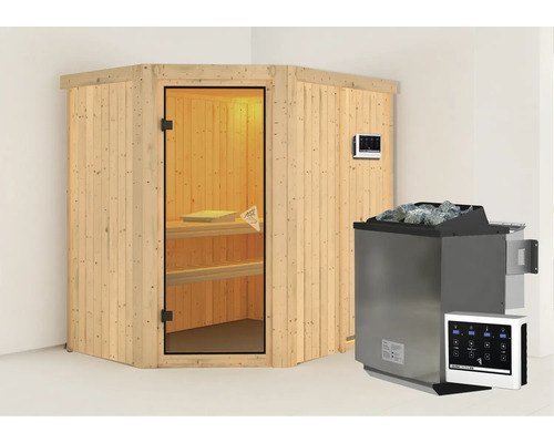 Elementsauna Karibu Carina inkl. 9 kW Bio Ofen u.ext.Steuerung ohne Dachkranz mit bronzierter Ganzglastüre