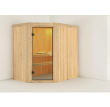Ecksauna aus Holz mit Glastür und Inneneinrichtung