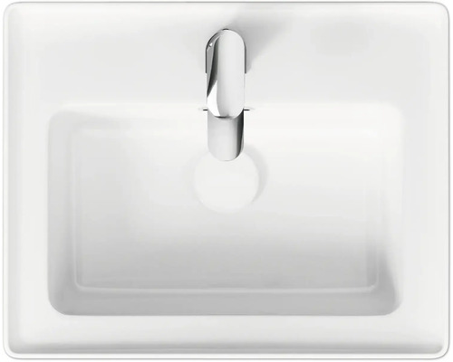 Aufsicht auf ein weißes Waschbecken mit Armatur