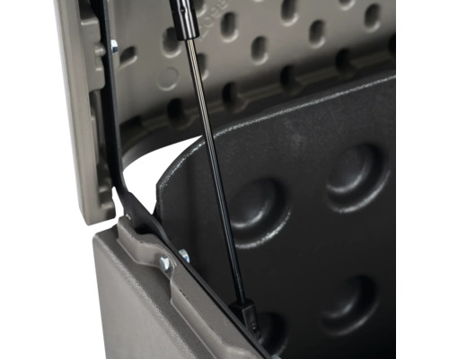 Detailansicht eines Gerätehauses mit geöffnetem Deckel und Gasdruckfeder