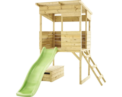 Spielturm aus Holz mit Rutsche und Leiter