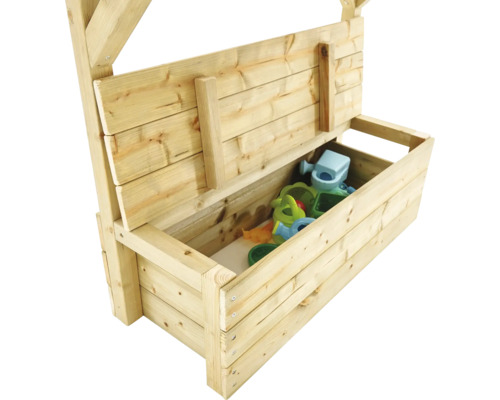 Holzkiste mit Deckel und Spielzeug für den Außenbereich
