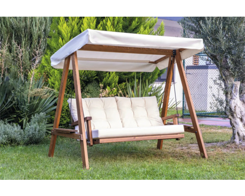 Gartenschaukel mit Holzrahmen und Stoffdach im Garten