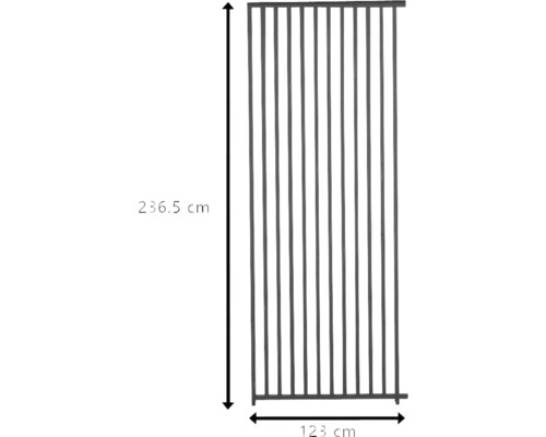 Abbildung eines Zaunelements mit den Maßen 236,5 cm Höhe und 123 cm Breite.