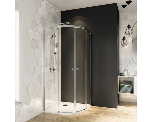 Runddusche mit Schiebetür Breuer Fara 6 900x900x2000 mm Echtglas Klar hell chrom Knopfgriff Eckdusche mit Glastüren in einem modernen Badezimmer.