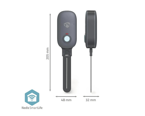 Abbildung eines Wassersensors mit den Maßen 205 mm Länge, 48 mm Breite und 32 mm Tiefe.