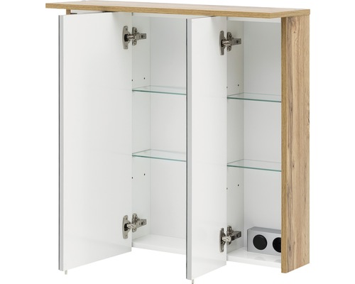 LED-Spiegelschrank Möbelpartner Profil 3-türig 80,5x23,7x72,3 cm eiche natur Offener Badezimmerschrank mit drei Türen und Glasböden