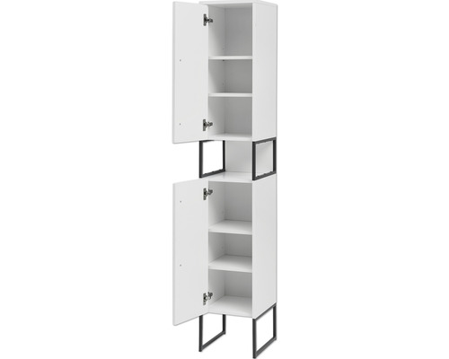 Weißer Hochschrank mit zwei offenen Türen und Innenregalen