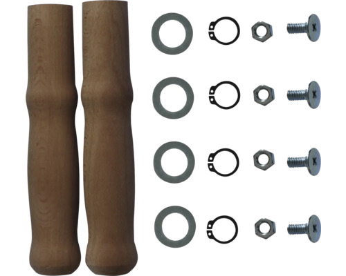 Zwei hölzerne Hammerstiele und Befestigungsmaterial.